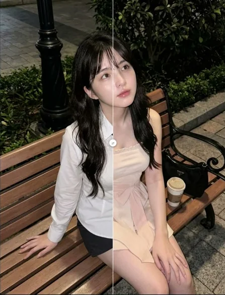 Kết quả NavTryOn Studio: cùng một người mẫu, bên trái mặc áo sơ mi trắng ở ảnh gốc, bên phải đã được thay sang váy màu be